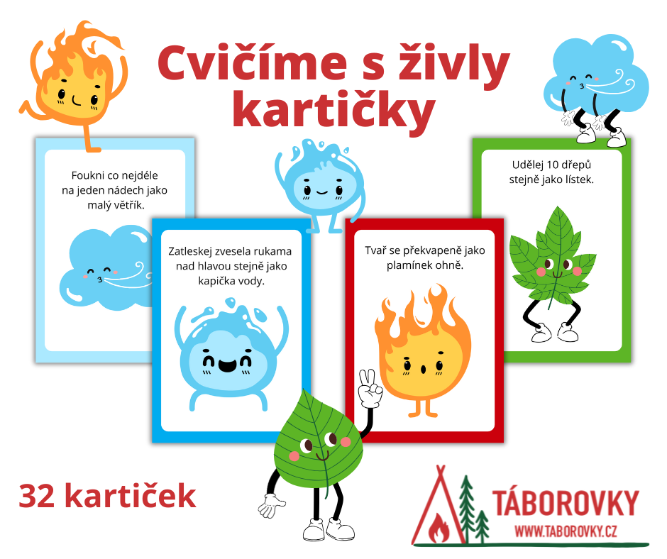 Kartičky vhodné na rozcvičku s tématem živly - spousta pohybových úkolů s plamínkem, kapkou vody, větrem a listy